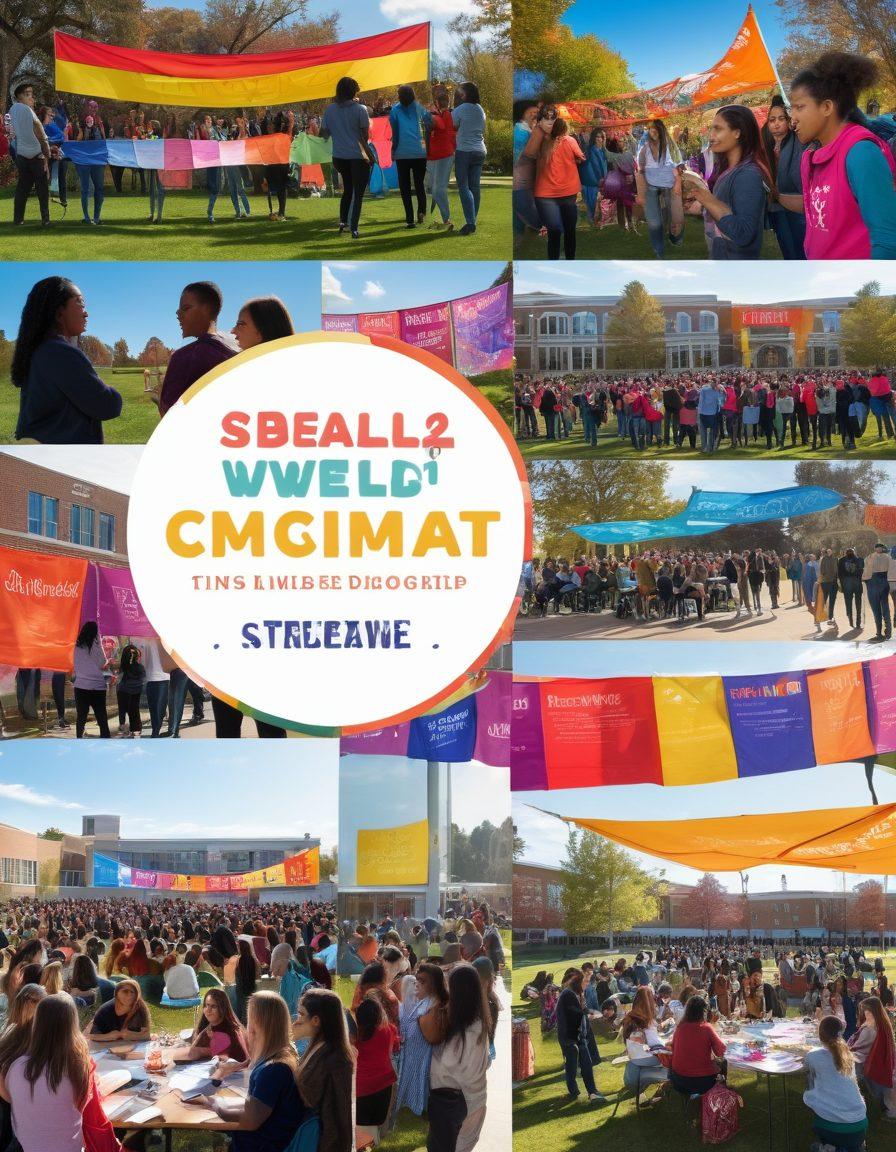An inspiring collage depicting diverse college students engaged in various forms of empowerment, such as attending workshops, studying together, and engaging in healthy discussions about relationships. The background features a vibrant campus setting with banners promoting sexual well-being, inclusivity, and consent. Use warm and inviting colors to evoke a sense of community and support. super-realistic. vibrant colors. engaging atmosphere.