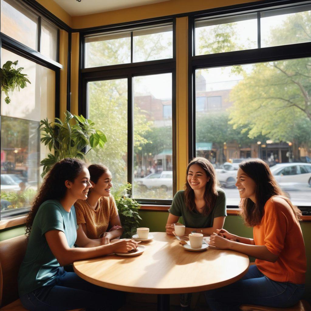 A diverse group of university students engaging in a supportive discussion at a campus cafe, displaying warmth and connection. Include visual elements of healthy relationships, such as laughter, empathy, and open communication. The background features greenery to symbolize growth and well-being. Use vibrant colors to evoke positivity and inclusivity. super-realistic. bright colors. warm atmosphere.
