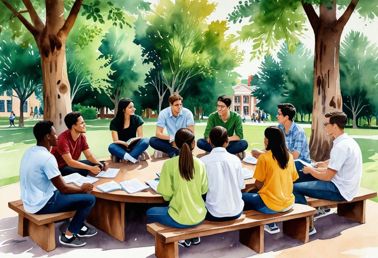 A diverse group of university students engaged in an open and respectful conversation, showcasing active listening and understanding. Use warm, inviting tones to evoke a sense of trust and connection. Visual elements should include books and notes scattered around, symbolizing study and sharing knowledge about consent. A soft background featuring a university campus setting with trees and benches enhances the intimacy. watercolor painting. warm colors.